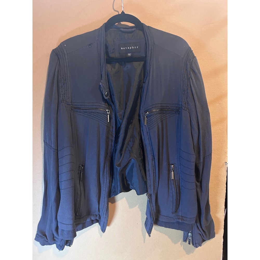 Metaphor Moto Jacket Womens XL Navy Blue Good Distressed Lightweight Rayon Zip